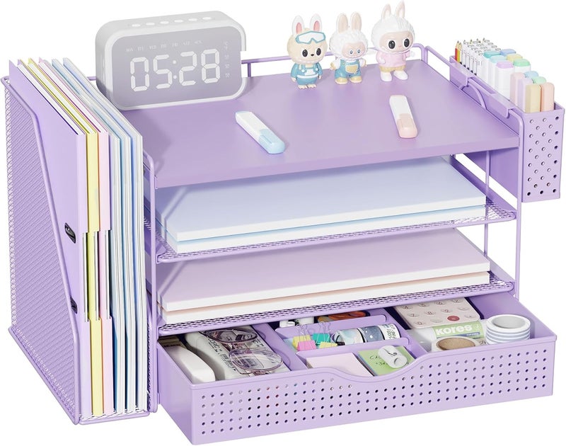gianotter Wood Desk Organizers and Accessories with File Holder, 4-Tier Desk Accessories & Workspace Organizers with Drawer and Pen Holder, Paper Organizer for Office Supplies (Purple) - Image 1